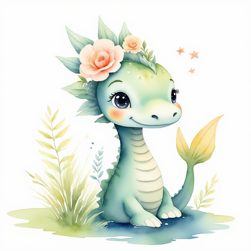 Nessie Sparkles looking thoughtful with a small wave cresting behind her flat grassy plain