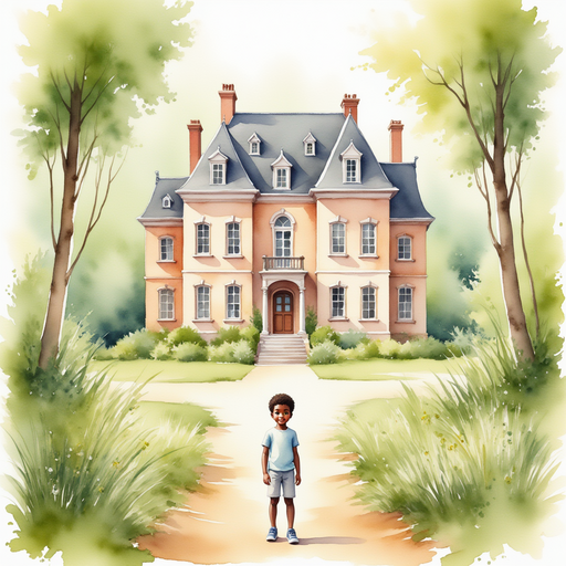 Michael standing in front of the large mansion, with his parents by his side.