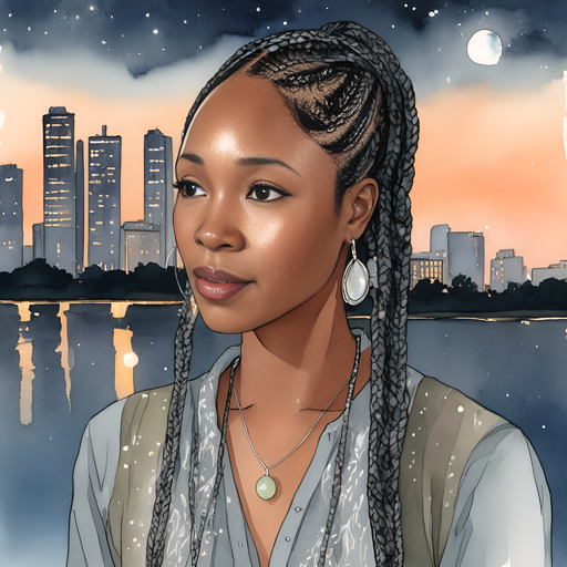 Renese close-up portrait long fulani braids wearing a gray shirt upset, distraught face disappointed deamanding, looking up in the night sky surrounded by glowing orbs standing by the riverbank skyscraper in nearby distance