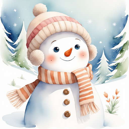 Frostyline Fable leaning closer to a friendly merchant offering warm bread In the background are snowy trees dusted with soft snowflakes