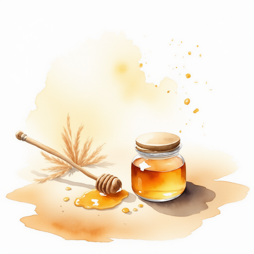 A small jar of honey shining on soft sand. In the background, a gentle breeze dusts the sandy ground.