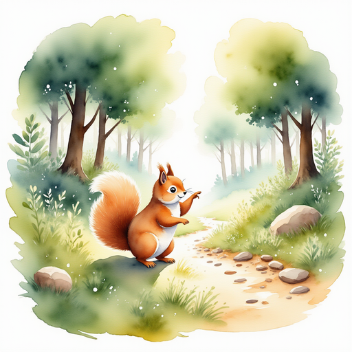 Illustrate a friendly squirrel pointing with its tail to a hidden path lined with sparkling stones. In the background, tall ancient trees stand as silent sentinels watching over the path.