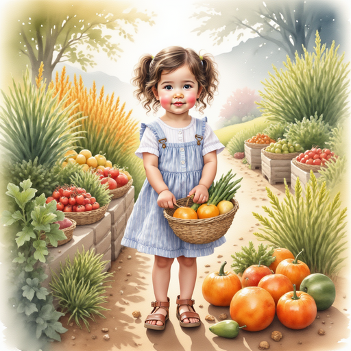 Sofia collecting colorful fruits and vegetables from the market.