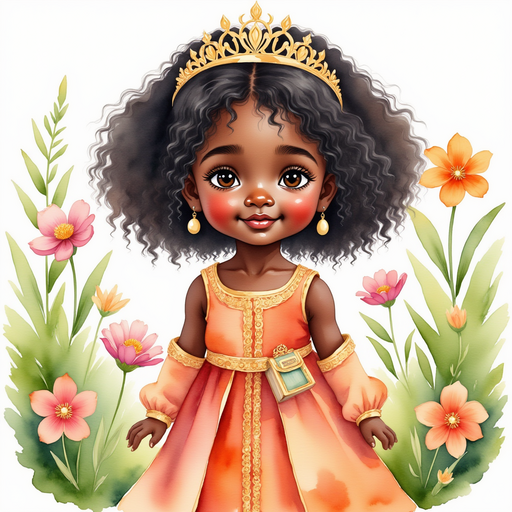 Queen Neena stands by bright flowers with a curious smile. In the background, tall green leaves and soft grass.