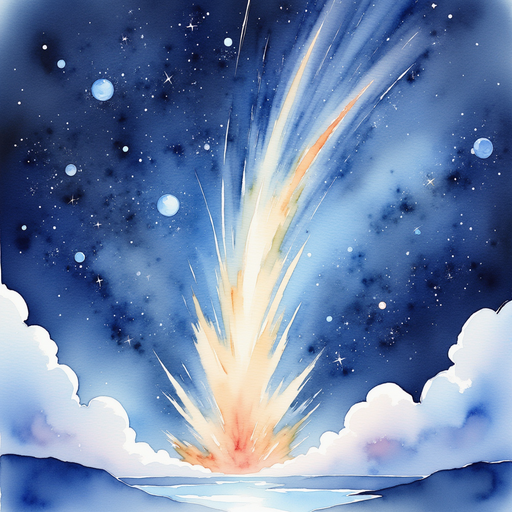 Show the dazzling meteor arching across the sky. In the background, tiny, flickering comets streak by.