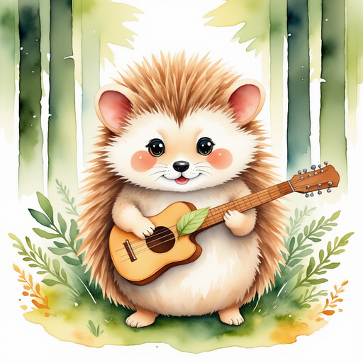 Henry, the cheerful little hedgehog, standing in a lush green forest, strumming his tiny leaf-made guitar. In the background, tall trees and vibrant foliage cover the forest.