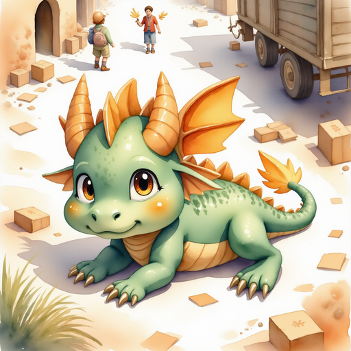 Ember Flare lying on the ground, looking at fallen crates with a startled expression. In the background, a few bystanders gawk in surprise near an abandoned cart.