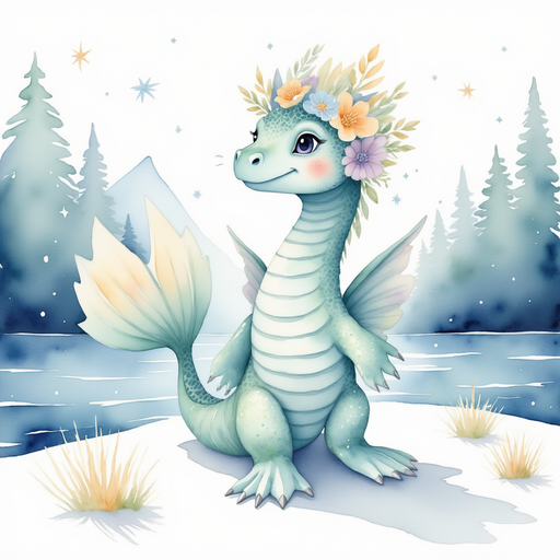Nessie Sparkles stands on a snowy hill, gazing at tall mountains. In the background, swirling snowflakes drift against the sky.
