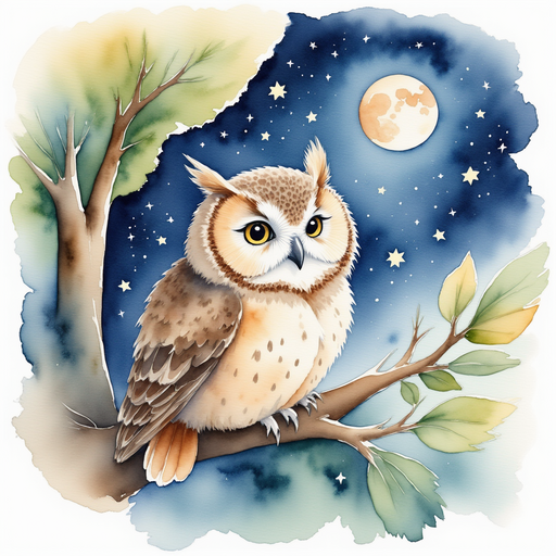 The wise old owl named Oliver perches on the friendship tree, sharing his wisdom. In the background, stars begin to twinkle in the twilight sky.
