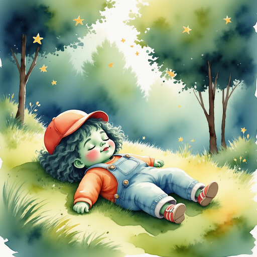 Zigzag Zander lying down on a soft bed of grass, listening to Bloss speak reassuringly. In the background, small fireflies glow among the treetops.