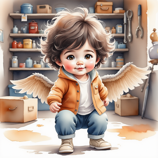 Cristian rummages through the garage, holding a metallic wing-like structure. In the background, cluttered shelves of tools and spare parts.
