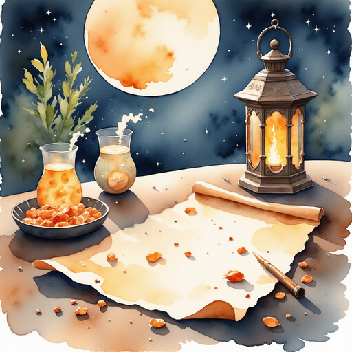 A tattered parchment with flowing ink trails and curious symbols spreads across the table. In the background the flickering lanterns glow softly.