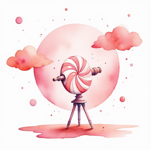 A bright peppermint telescope standing on a small platform, without showing any characters. In the background, swirling pink clouds floating lazily