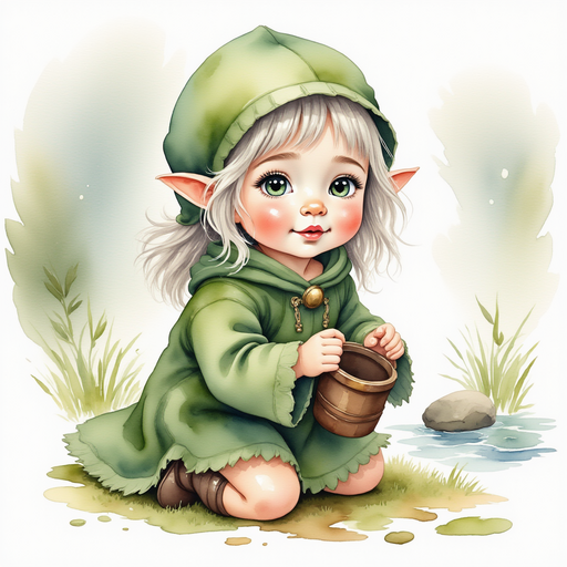 Flicker Sparkleaf kneels by a clear stream with a tiny bucket. In the background are smooth, round stones.