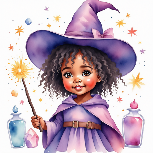 Willow - who is black - grins as colorful sparks fly around her wand. In the background, crystal jars shimmer in a rainbow of colors.