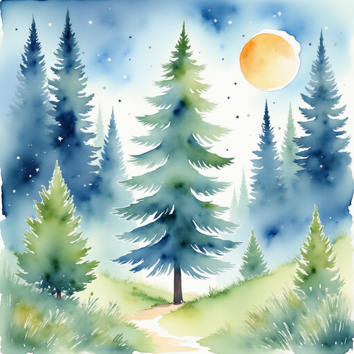 A tall, whispering tree In the background, soft moonlit sky.