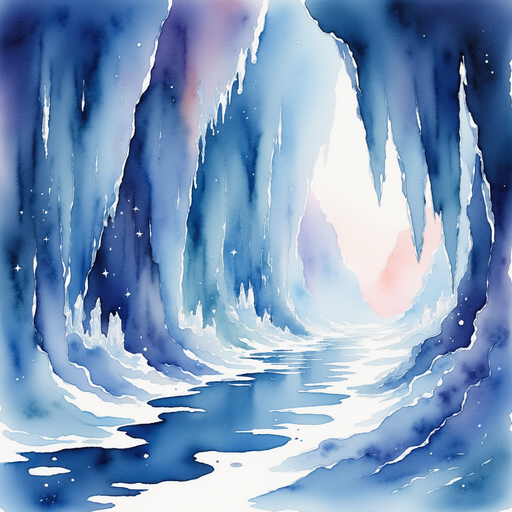 The icy walls shimmer with a thousand hues inside the Crystal Caves, casting magical reflections. In the background, dazzling arrays of sparkling ice sculptures tell ancient tales, adding to the magic.