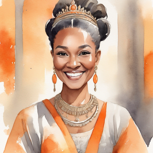 Sibylline wearing crowned tribal dark bun wearing royal majestic orange and gray tribal dress smiling in the Royal Oracle Palace.