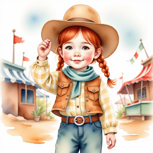 Show Calamity Kate near a colorful stall, tipping her hat with a big smile. In the background, flags flutter in a light breeze.