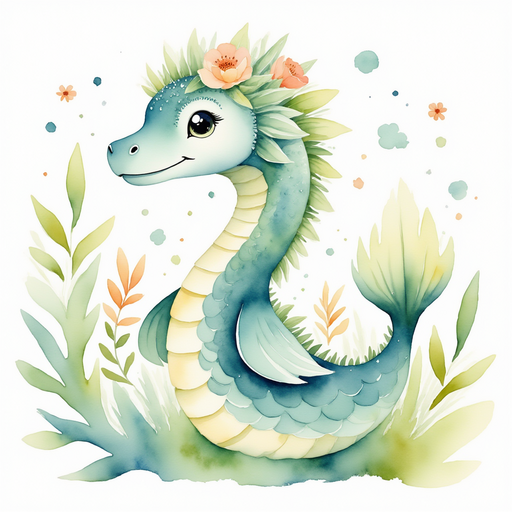 Nessie Sparkles dips her long neck around a twisting vine, eyes bright with excitement. In the background, dense green leaves sway.