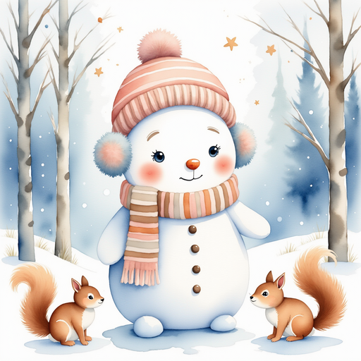Frostyline leans toward the squirrels and rabbits, as if listening closely. In the background, frosty tree trunks glow with silvery light.
