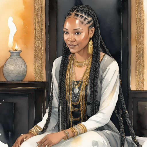 Renese scheming envious and bitter wearing tribal braids wearing a black and gold tribal gown in a dimly-lit room