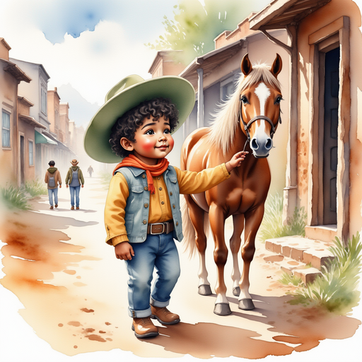 Show Cactus Cody rubbing his eyes as he stands beside his patient horse outside the stable. In the background, a few townsfolk wander past weathered buildings.