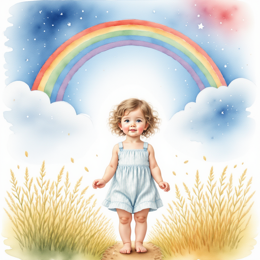 Sofia looking at a rainbow in the sky