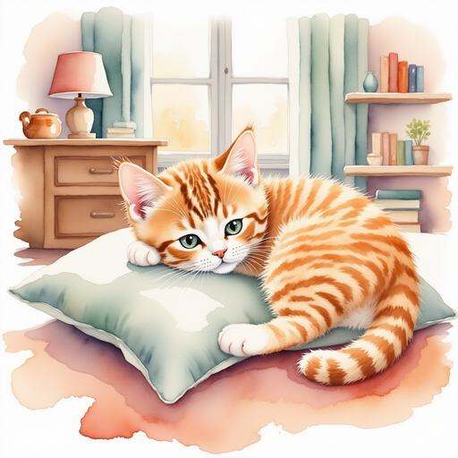 Illustrate Tabby, the fluffy kitten with brilliant orange and white fur, as she naps on a comfortable pillow. In the background, a cozy living room scattered with books.