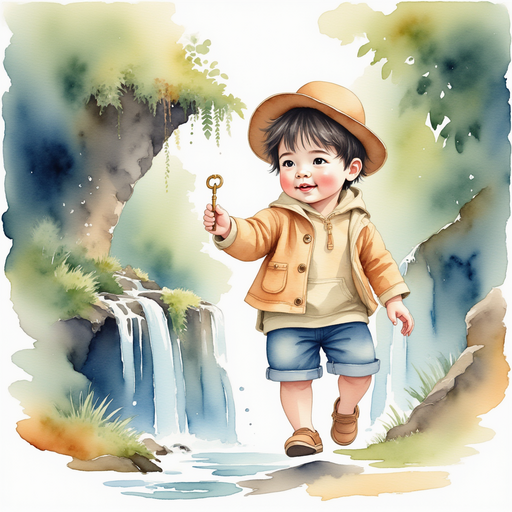 A glistening, golden key appearing in mid-air above Conan's hand just after drinking from the waterfall. the majestic upward-flowing waterfall