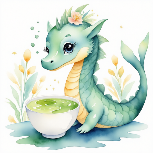 Nessie Sparkles sips from a large bowl of green lakeweed soup. In the background, a single tree stands tall near the loch.