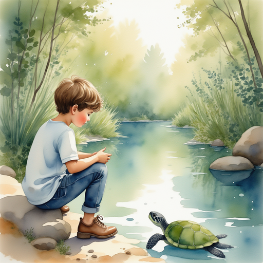 James and his mother looking for the turtle in the pond.