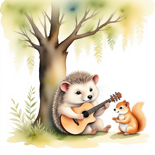 Henry noticing a squirrel looking sad while he plays his guitar under the big oak tree. In the background, branches of a large oak tree stretch out gracefully.