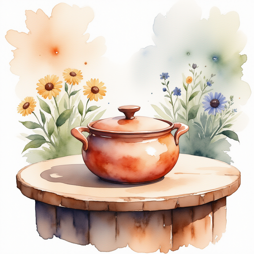 A wide, shiny pot sits on a sturdy table, lid slightly open. In the background, flowers bloom near the market edge.