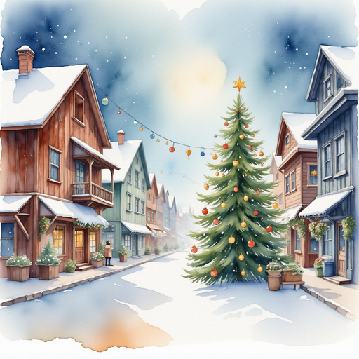 A tall, glittering Christmas tree missing a star atop its highest branch. In the background rustic wooden buildings line a snowy main street