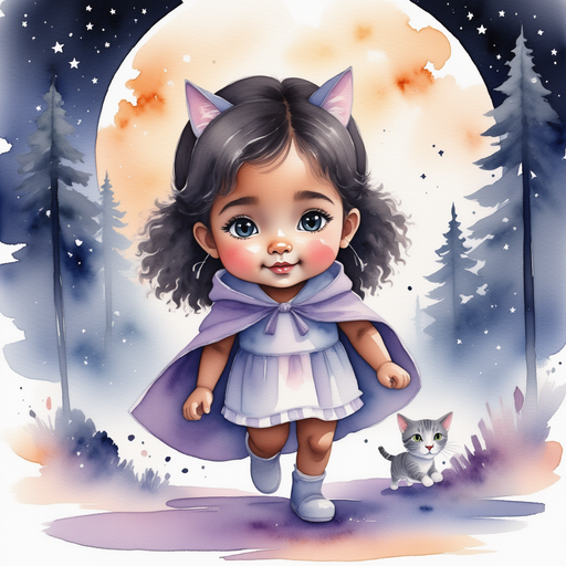 Luna Lighthug - who is black - is smiling under the silvery moonbeams, her cape flowing softly. In the background, tall, shadowy trees reach toward the moonlit sky