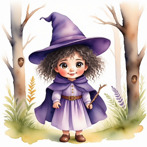Willow Charms waves her wand with a sly grin. In the background, old tree trunks loom, bearing faint carved faces.
