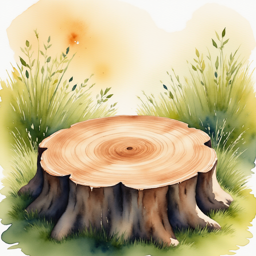 A worn, round tree stump with many rings in its wood. In the background, soft grass near the clearing