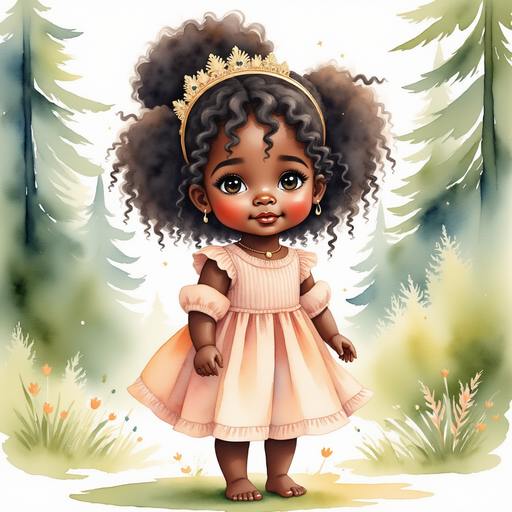 Princess Zoombella — who is black - stands at the forest's edge, her eyes wide with excitement. In the background, the tall trees sway gently.