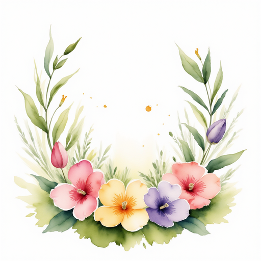 A ring of pink, yellow, and purple petals rests on the grass. In the background, leaves rustle gently.