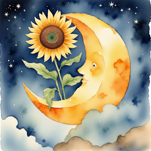 A giant sunflower on the Moon with its golden petals stretching across the sky.