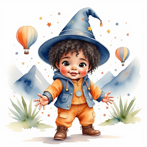 Zippy Zapata wearing his pointed wizard hat and a wide grin In the background, colorful hot air balloons drift among snow-capped mountains.