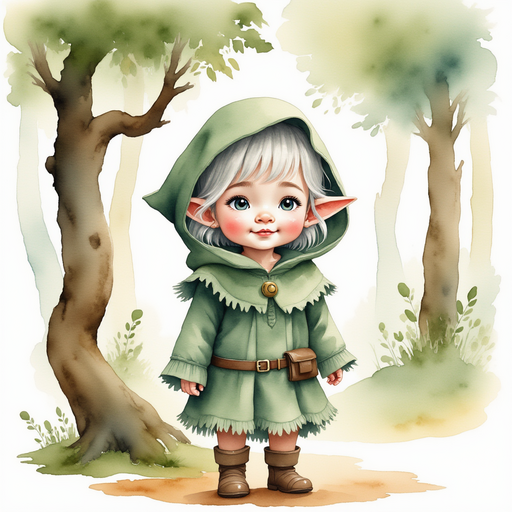 Flicker Sparkleaf stands beside a twisted oak, her pointed ears perked in curiosity. In the background, towering ancient trees sway.