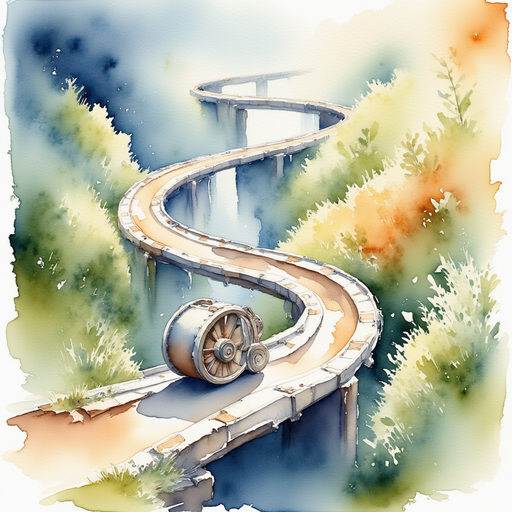 A round gear rolling off a small ledge. In the background twisty pathways curving in all directions.