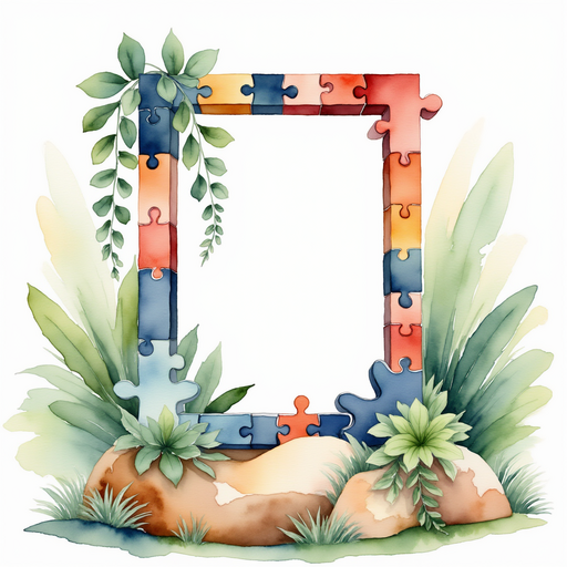 A giant, colorful puzzle frame resting on a rock. In the background, big leafy vines.