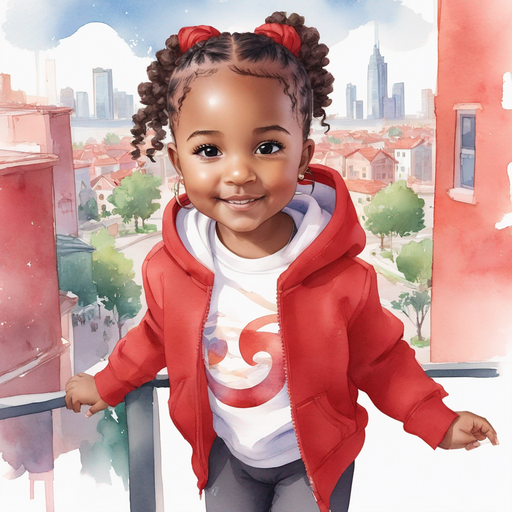 Aset smiling long curly ponytails with barrettes wearing a red hoodie and red sweatpants marveling at Stellaris' cityscape.