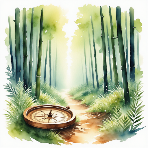A small, mystical compass finely crafted with intricate designs, shining gently in the light. bamboo forest