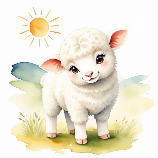 Illustrate the lamb with fleece as white as snow, standing in a sunlit meadow. In the background, the sun casts long rays over the distant hills.