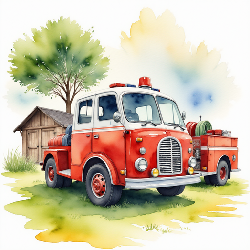Show the fire truck gently parked on the grass, with a long hose coiled on its side. In the background, the weathered garden shed leans under a big oak tree.