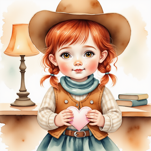Calamity Kate holding a pink heart card in her hands. In the background, a flickering lamp and a neat stack of cards on the table